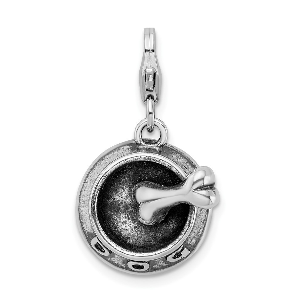 925 Sterling Silver Polished 3-D Dog Bowl & Bone Bracelet Charm Lobster Clasp
